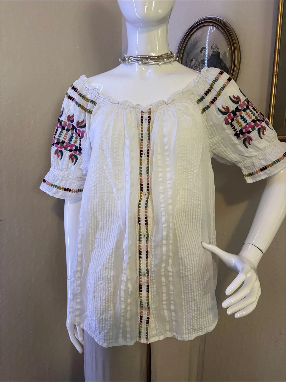 Anthropologie White Off-Shoulder Blouse with Multicolor Embroidery